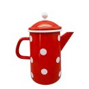 Emaille Kaffeekanne, Deckelkanne, Henkelkanne Tupfen Rot- Weiß 1,6 Liter