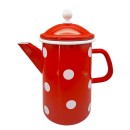 Emaille Kaffeekanne, Deckelkanne, Henkelkanne Tupfen Rot- Weiß 1,6 Liter