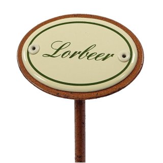 Kräuterschild Lorbeer, Emaille Kräuterstecker, Beetstecker mit Erdspieß 25 cm