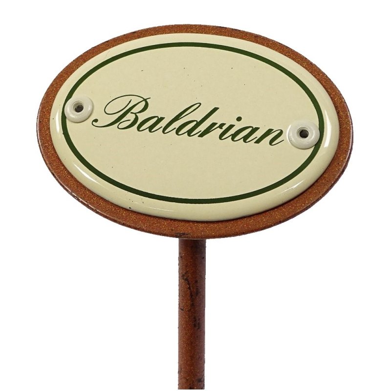 Kräuterschild Baldrian, Emaille Kräuterstecker, Beetstecker mit Erdspieß 25 cm