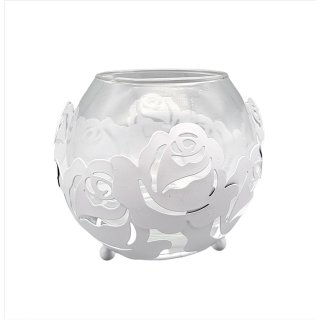 Teelichthalter, Windlicht Glas "Rose" Metall Kerzenhalter mit Glaseinsatz