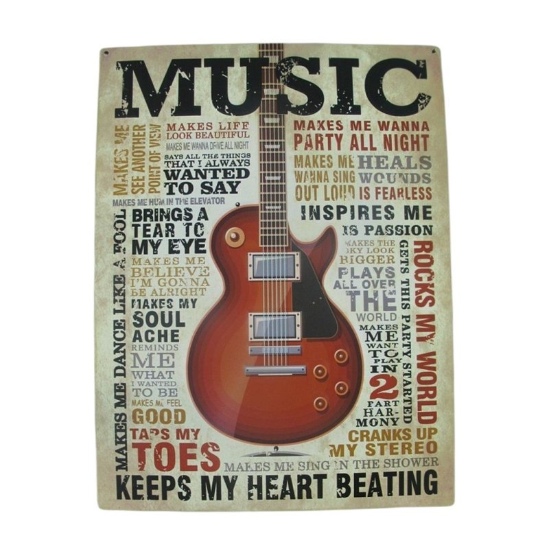Blechschild, Reklameschild Music keeps my heart beating mit Gitarre 40x30 cm
