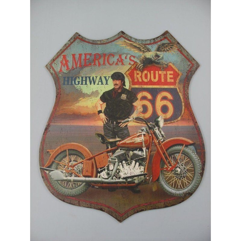 Blechschild, Reklameschild US Route 66 Motorcycle, Motorrad Wandschild 75x65 cm