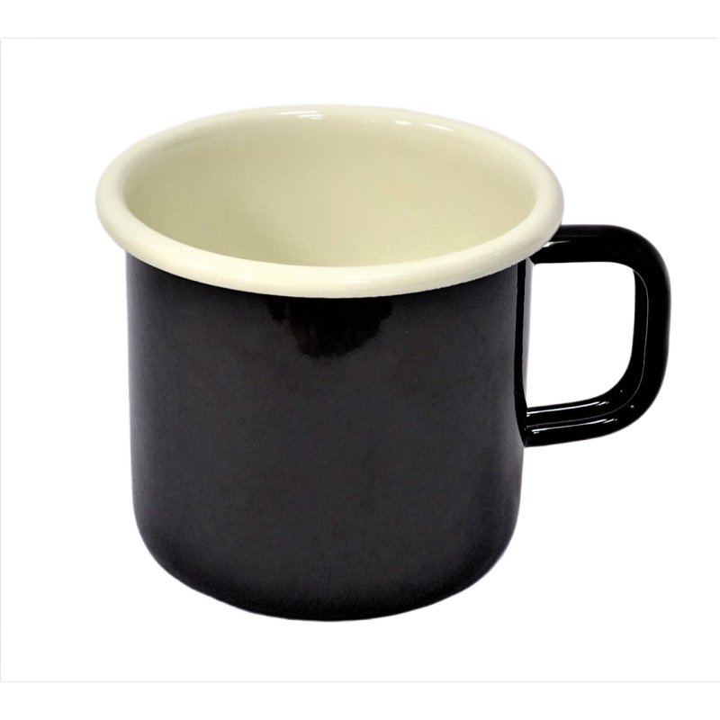 Emaille Tasse, Henkelbecher, Henkeltopf, Kaffeetasse Creme Schwarz 8 cm