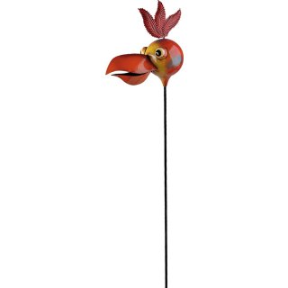 Gartenstecker Bunter Vogelkopf, Gartenfigur Vogel aus farbigem Metall 190 cm