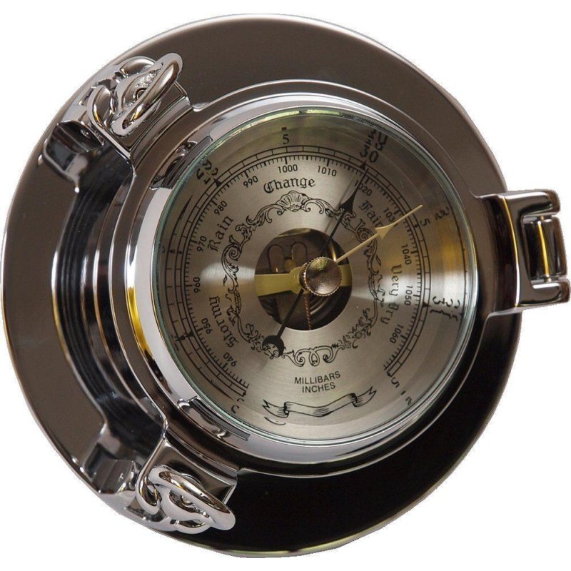 Bullaugen Barometer, Maritimes Dosenbarometer Messing verchromt 14 cm