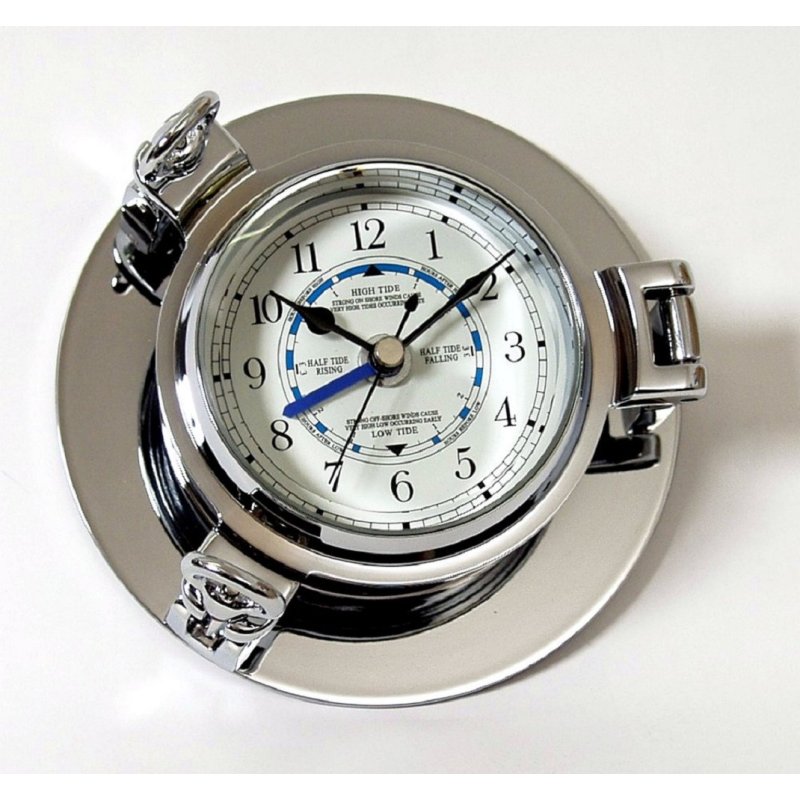 Edle Bullaugen Uhr, Tidenuhr Chrom, Gezeitenuhr mit Tidenzeiger 14 cm