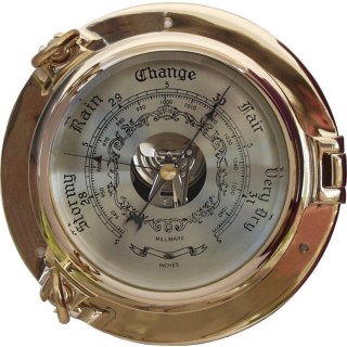 Marine Barometer, XXL Barometer im Bullauge, Instrument Messing poliert Ø 22 cm