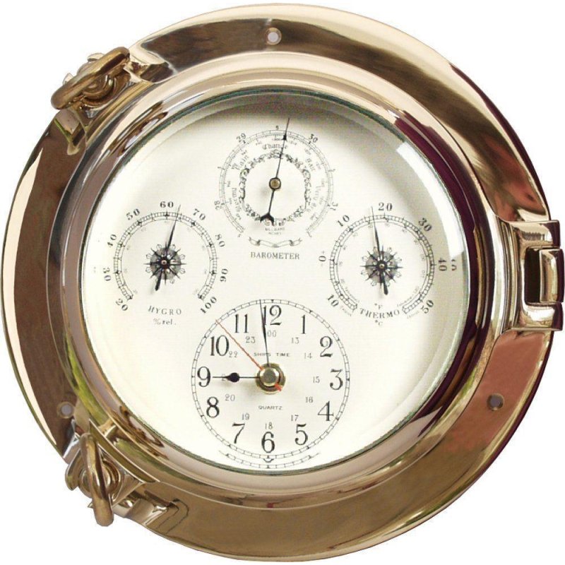 Multi Instrument, Uhr, Baro-, Thermo- & Hygrometer im Bullauge, Messing Ø 22 cm