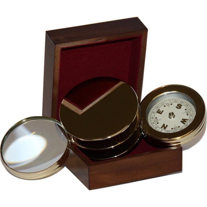 Kartenlese Kompass, Maritimer Tisch Kompass mit Lupe, Scheibenkompass in Holzbox