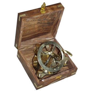 Großer Sundial Kompass, maritimer Sonnenuhr Kompass aus Messing in edler Holzbox
