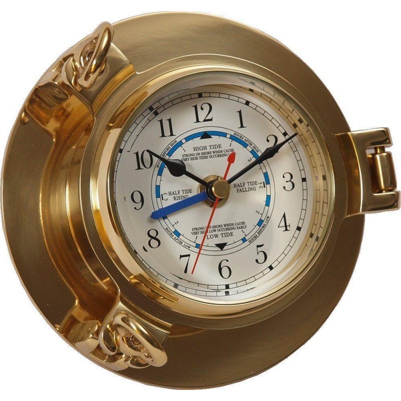 Gezeitenuhr, Tidenuhr Messing, Bullaugen Uhr mit Tidenzeiger Ø 14 cm