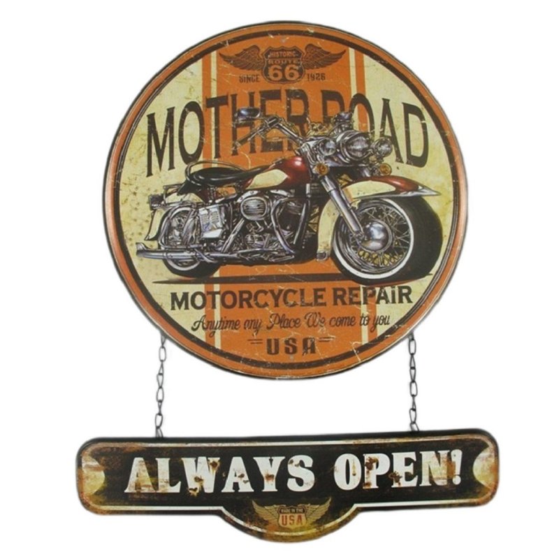 Blechschild, Reklameschild, Mother Road Always Open, Motorrad, 50x40 cm