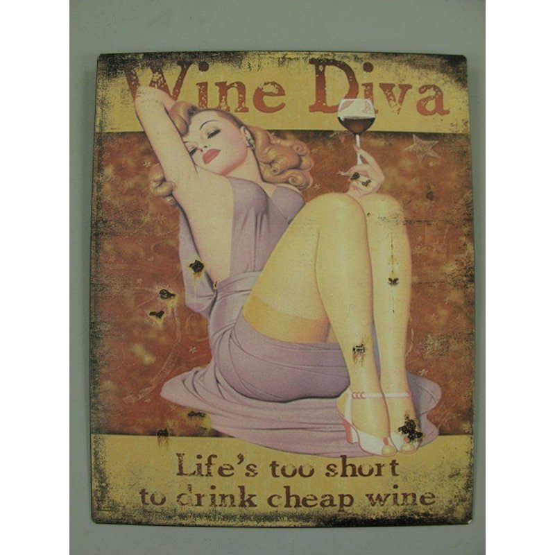 Blechschild, Reklameschild Wine Diva, Pin-Up Wandschild 25x20 cm