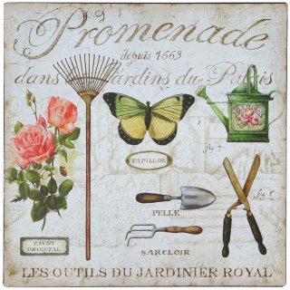 Blechschild, Königlicher Garten, Antike Gartengeräte und Rosen, Wandschild 30x30