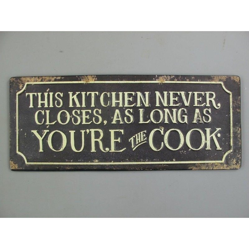 Blechschild, Reklameschild This Kitchen Never Closes, Spruch Wandschild 20x50 cm