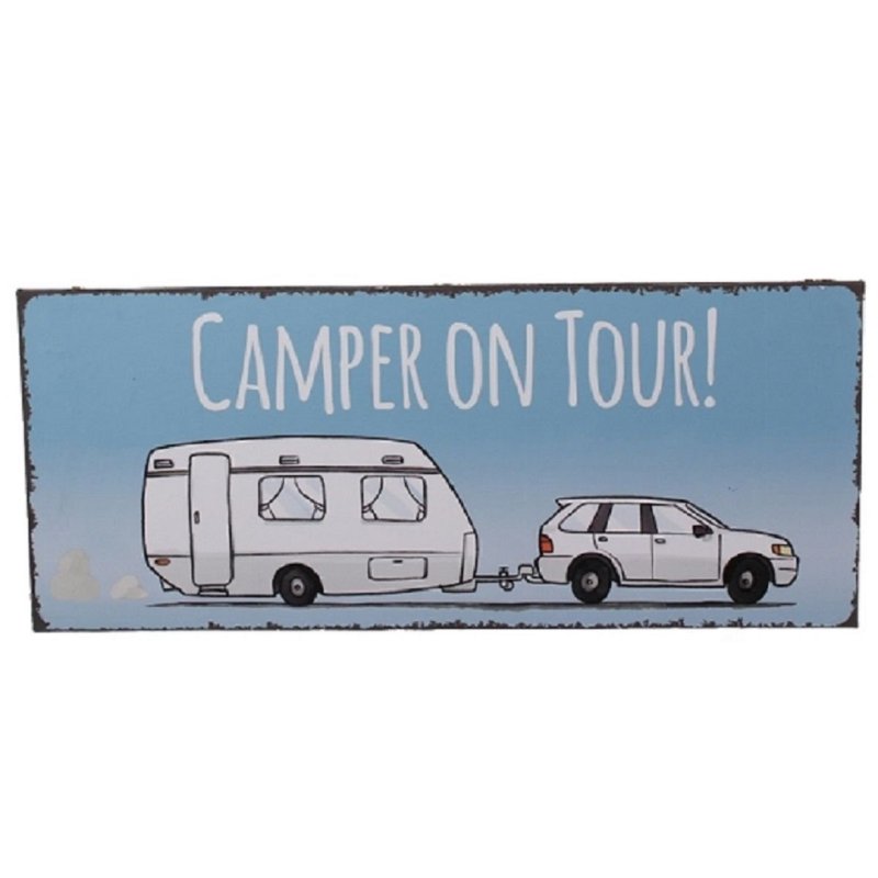 Blechschild, Dekoschild Camper on Tour, Camper Wandschild 13x31 cm