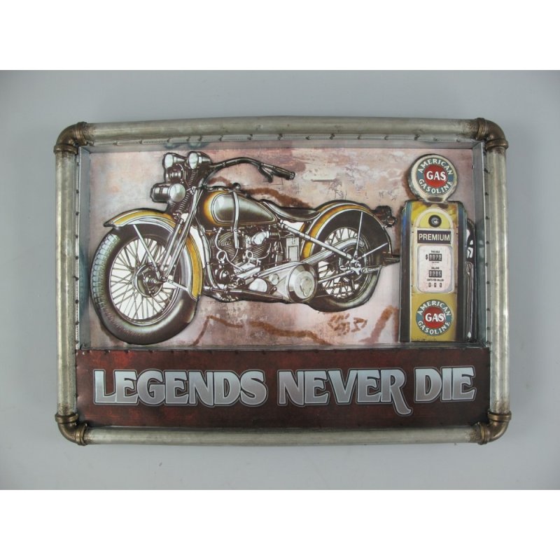 Blechschild, 3D Reklameschild, Legends Never Die, Motorrad Wandschild 38x54 cm