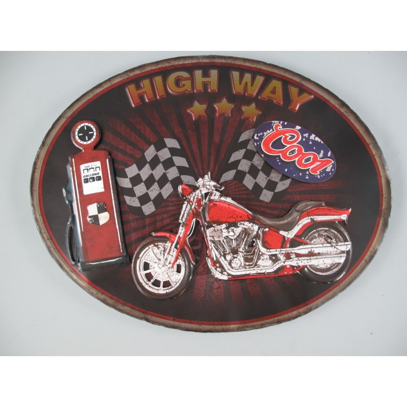 Blechschild,3D Reklameschild, High Way Cool, Motorrad Wandschild 44x58 cm