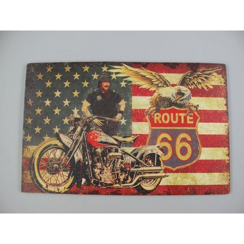 Blechschild, Reklameschild US Route 66 mit Adler, Motorrad Wandschild 35x55 cm