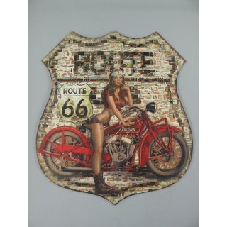 Blechschild, Reklameschild US Route 66 Pin Up Girl, Biker Wandschild 80x68 cm