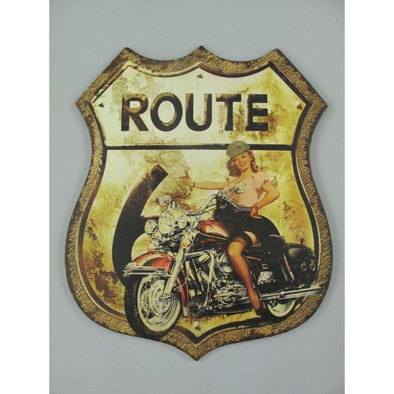 Blechschild, Reklameschild Route 66 Pin Up Girl, Motorrad Wandschild 50x40 cm
