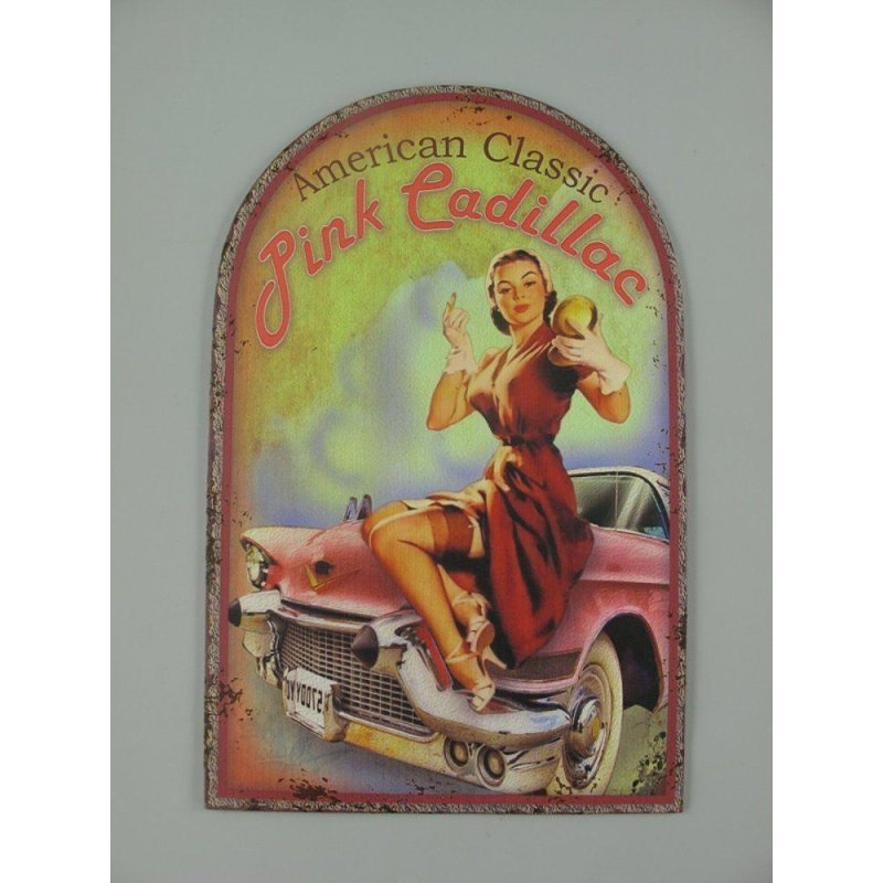 Blechschild, Reklameschild Pink Cadillac, Pin Up Girl Wandschild 50x32 cm