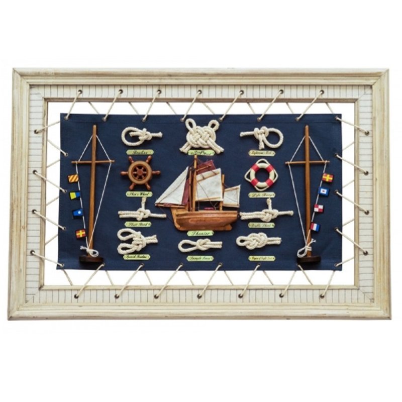 Knotentafel auf blauem Segeltuch, Segelschiff & Seemannsknoten