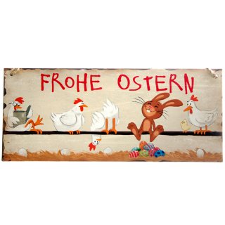 Blechschild, Wandschild Frohe Ostern, lustiger Hase und Hühner, 13x31 cm