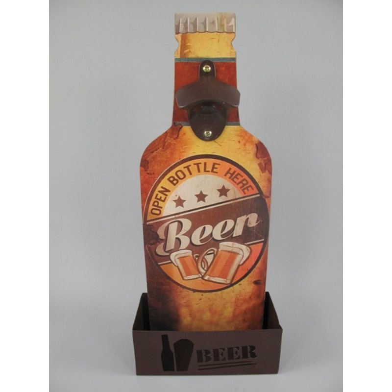 Holzschild, Reklameschild mit Öffner, Beer, Wandschild mit Flasche, 37x16 cm