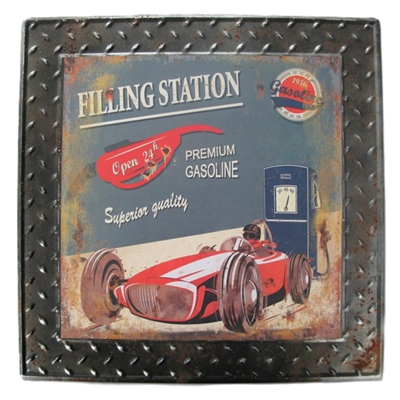 Blechschild, Reklameschild Tankstelle mit Oldtimer, Auto Wandschild 38x38 cm