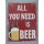 Blechschild, Reklameschild All You Need Is Beer, Kneipen Schild 33x25 cm