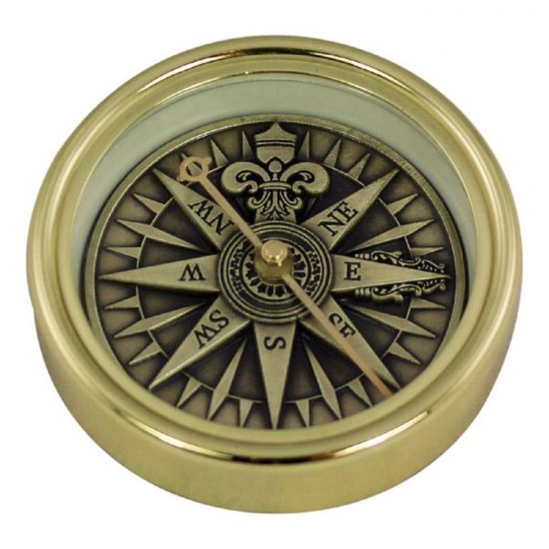 Kompass, Tischkompass, Magnetkompass mit 3D Windrose, aus poliertem Messing