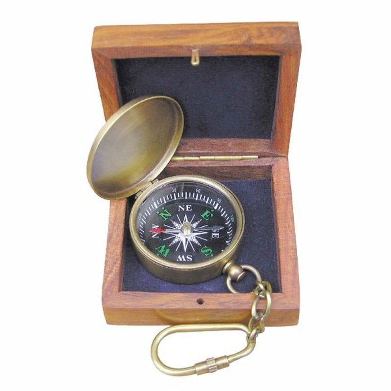 Kompass, Taschenkompass, maritimer Altmessing Magnetkompass  in Edelholz Box