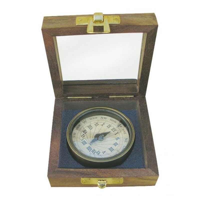 Sundialkompass, Magnet-Kompass im Barockstil in Edelholzbox mit Glasdeckel