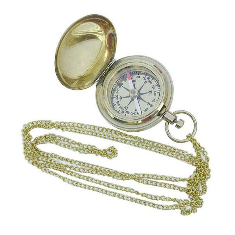 Kompass, Taschenuhren Magnetkompass mit Uhrenkette und Sprungdeckel aus Messing