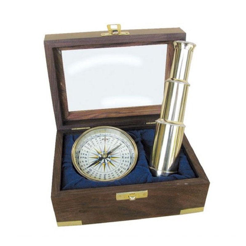 Nautik Set, Kompass und Teleskop, Marine-Set in Edelholz Box, Messing poliert