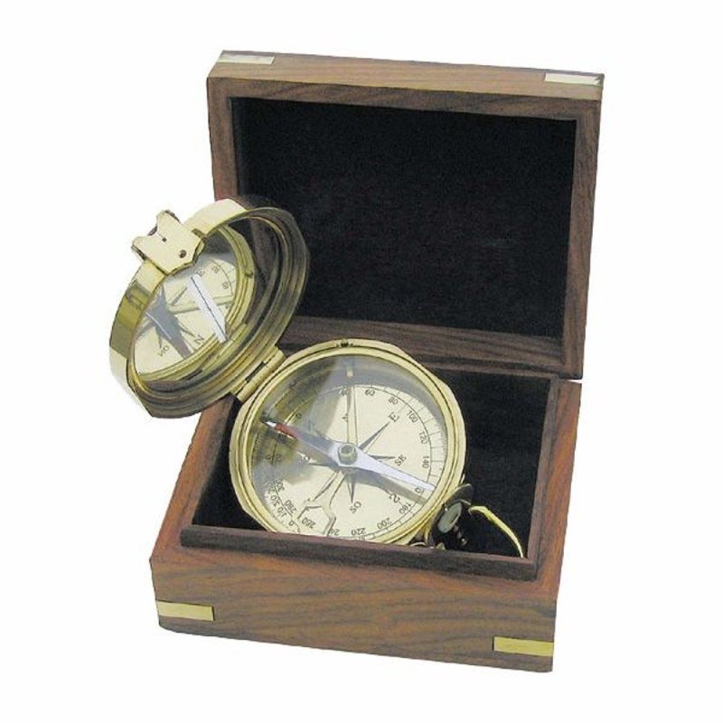 Maritimer Kompass, Klappdeckel Kompass in Edler Holz Box, Messing poliert