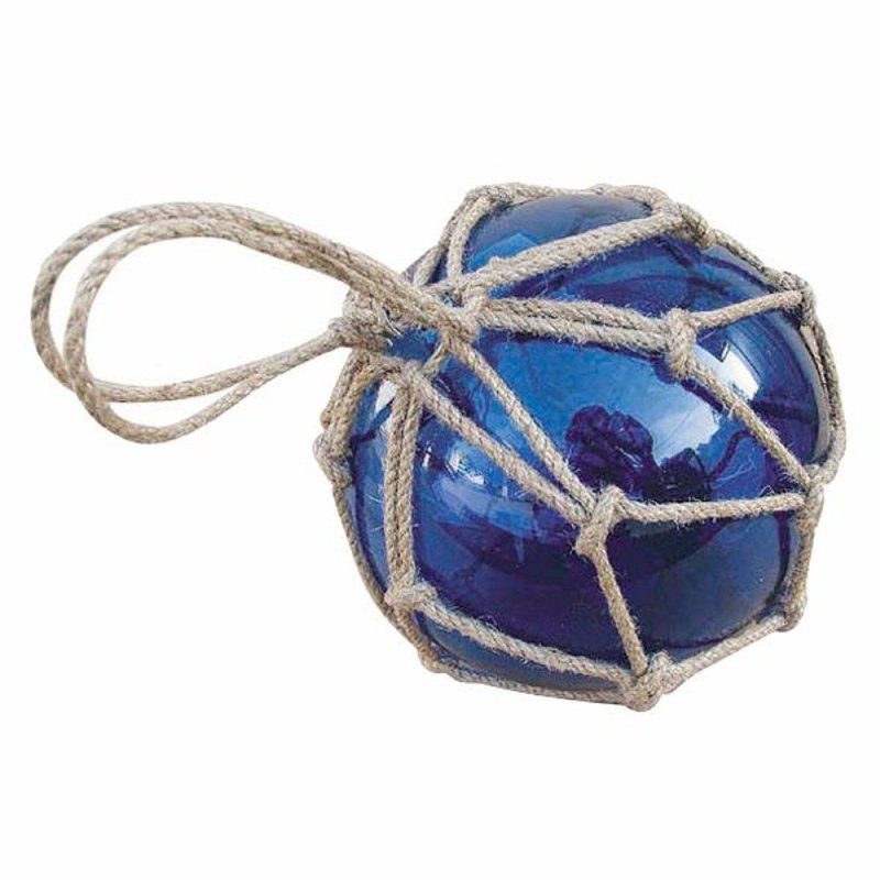 Fischernetz Kugel, Fischerkugel aus Glas im Jute Netz, Blau Ø 15 cm