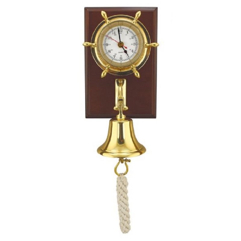 Marine Uhr mit Glocke, Steuerrad Wanduhr und Kapitänsglocke auf edlem Holzbrett
