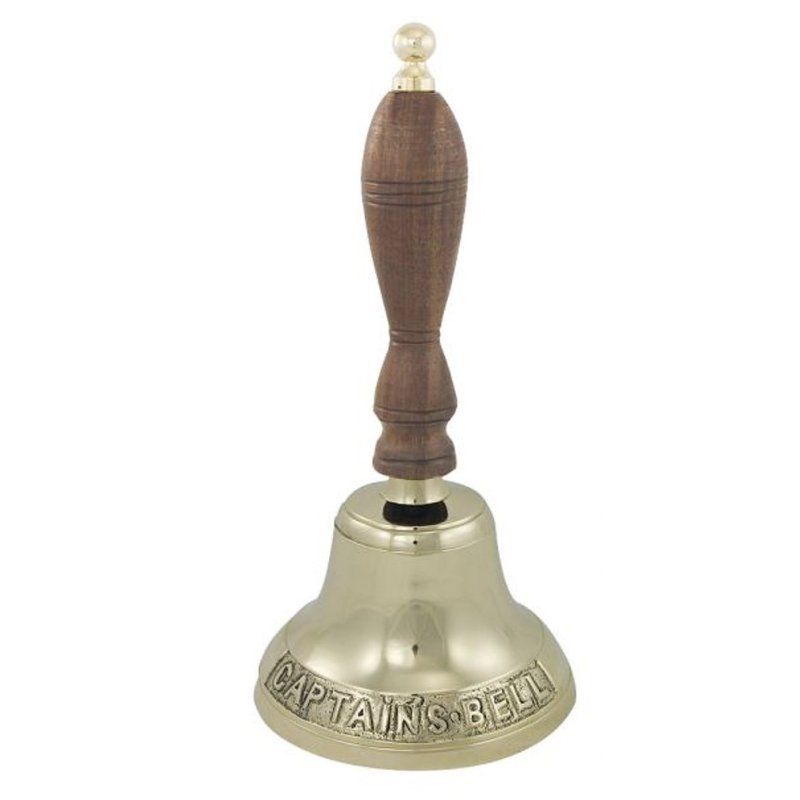 Glocke, Tischglocke, Kapitänsglocke mit Holzgriff und Prägung, Messing 27 cm