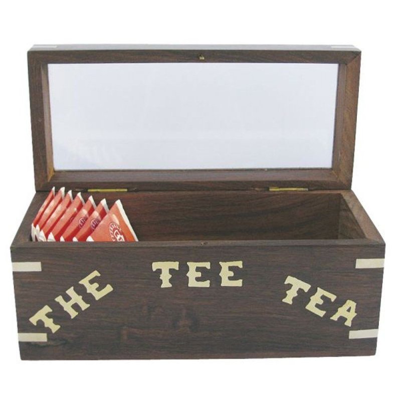Teebeutel Box, Maritime Küchen Teebox mit Messing Intasien und Glasdeckel 18 cm