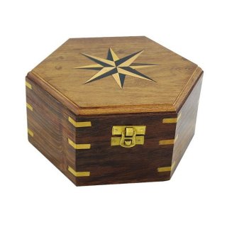 Holzbox, sechseckige Maritime Box mit Windrose Inlay und...