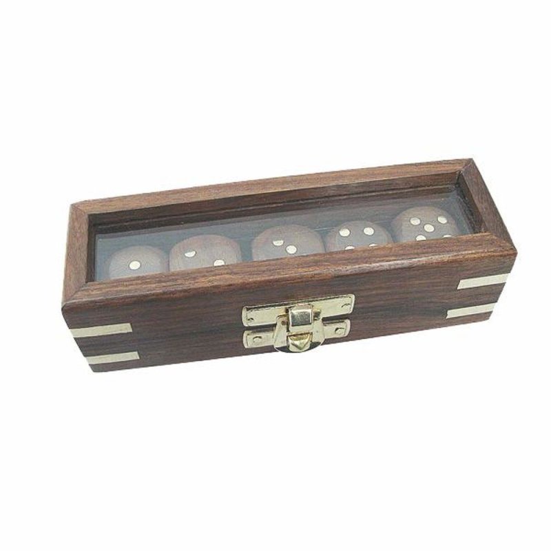 Würfel Spiel, Würfel in Glasdeckelbox aus Holz mit Messingeinlagen