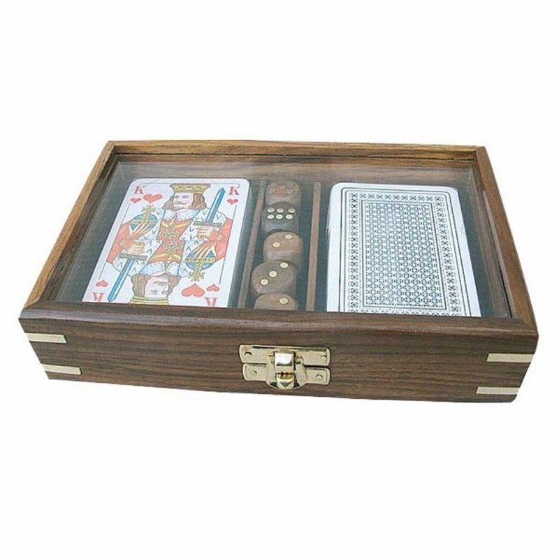 Karten- und Würfel- Box mit Glasdeckel, Kartenbox aus Holz mit Messingeinlagen