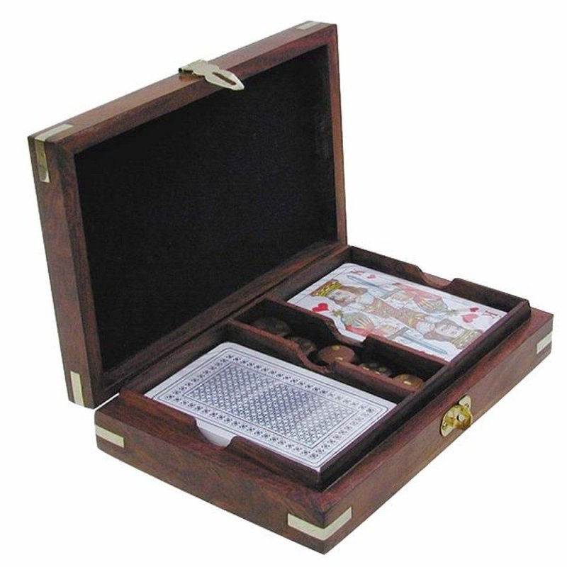 G4686 Sheesham Holz mit Messingeinlagen Karten und Würfel Box mit Klappdeckel 