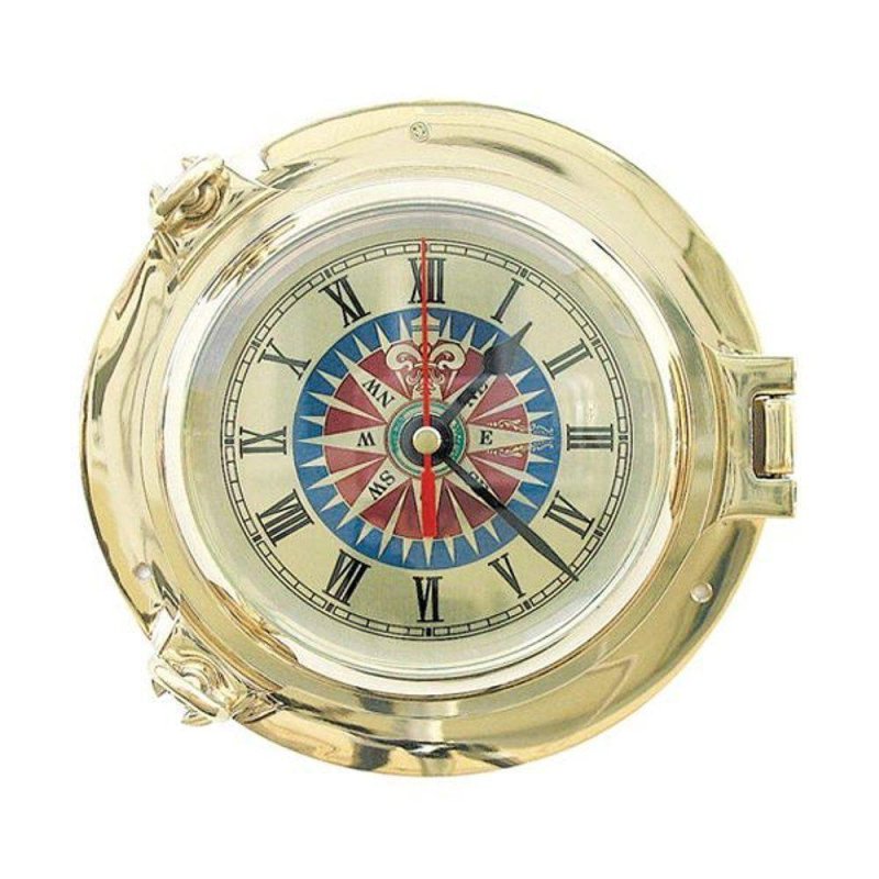 Bullaugen-Uhr, Marine Wand-Uhr mit Windrosenzifferblatt, Messing Ø 14 cm