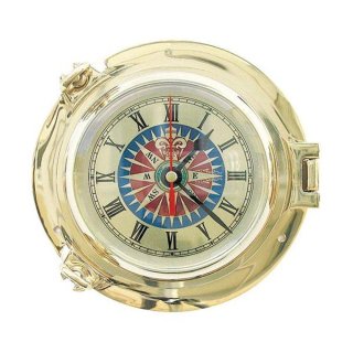 Schiffsuhr, Bullaugen Wanduhr, Uhr mit Windrosen Zifferblatt Messing Ø 14 cm