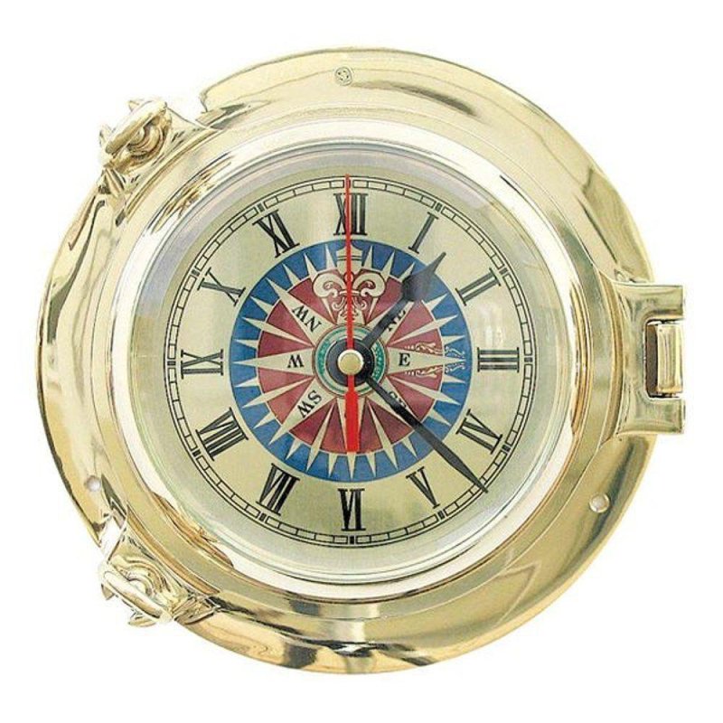Bullaugen Uhr, Marine Wand-Uhr mit Windrosenzifferblatt, Messing Ø 18 cm