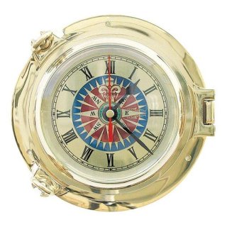 Bullaugen Wanduhr, Schiffsuhr, Uhr mit Windrosen Zifferblatt Messing Ø 18 cm